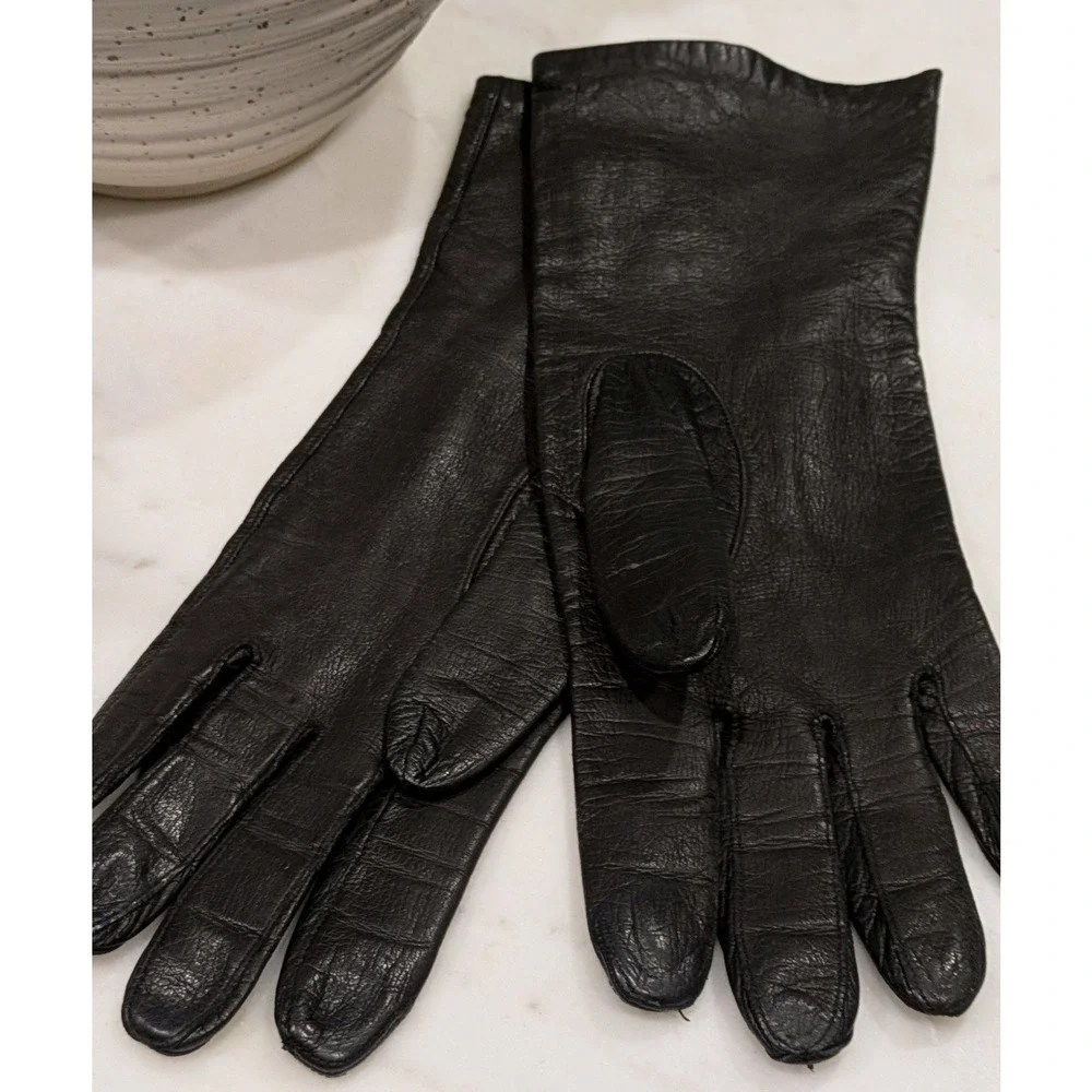 Vtg 1950s Aris of Paris Black Real Kidskin Leather Gloves Sz 7 French Mid-length